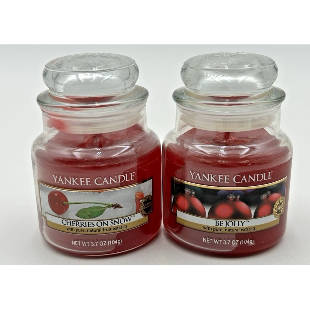 2 New Yankee Candles Small Jars Cherries On Snow & Be Jolly 3.7 Oz